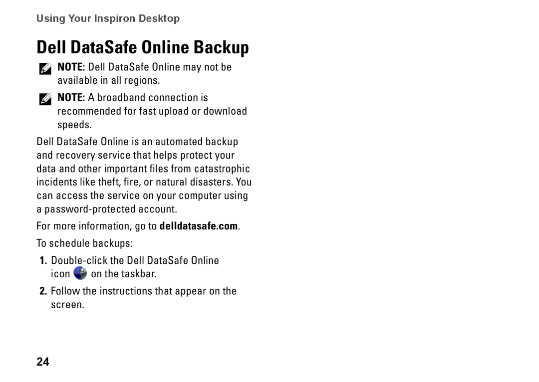Dell 0M1PTFA00, DCME, D06M001 setup guide Dell DataSafe Online Backup, Using Your Inspiron Desktop 