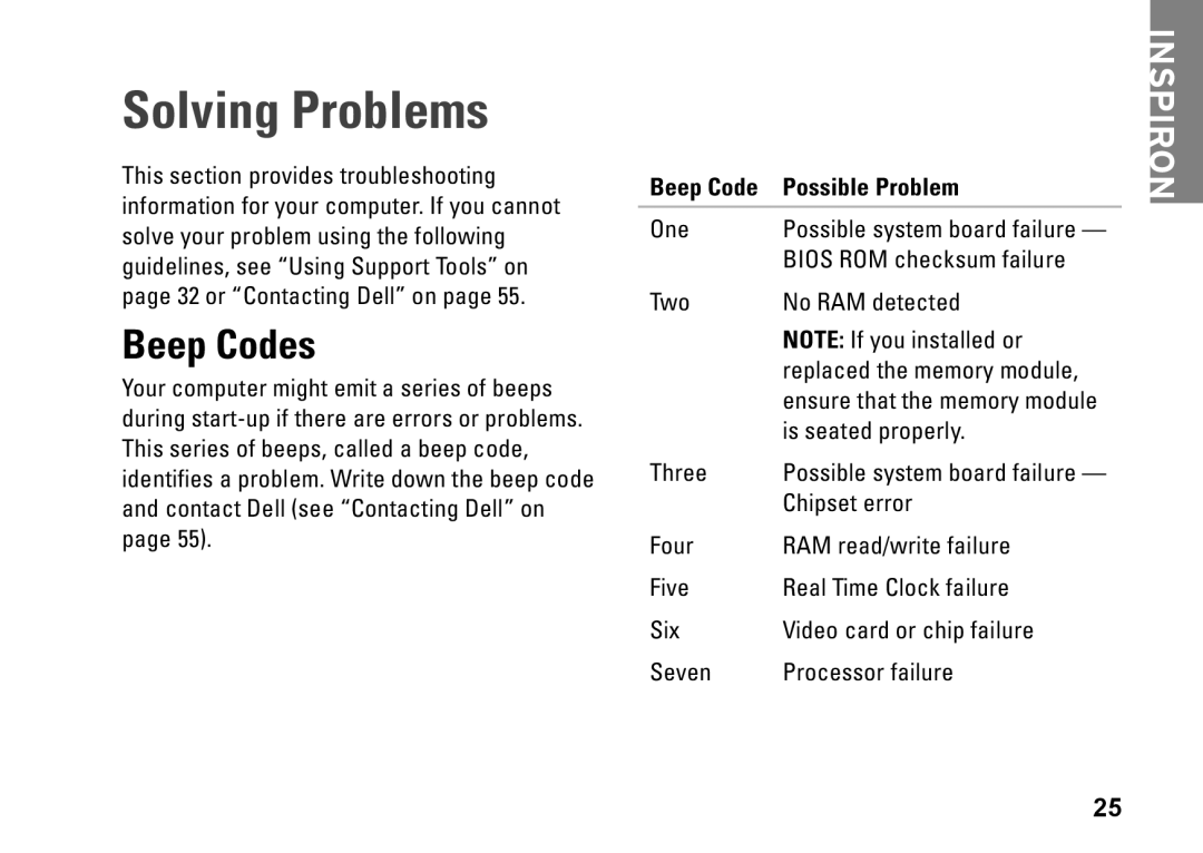 Dell DCME, 0M1PTFA00, D06M001 setup guide Solving Problems, Beep Codes, Inspiron 