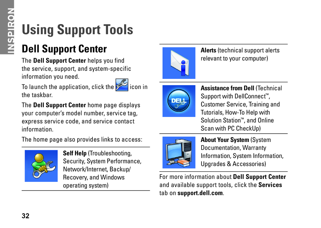 Dell 0M1PTFA00, DCME, D06M001 setup guide Using Support Tools, Dell Support Center, Inspiron 
