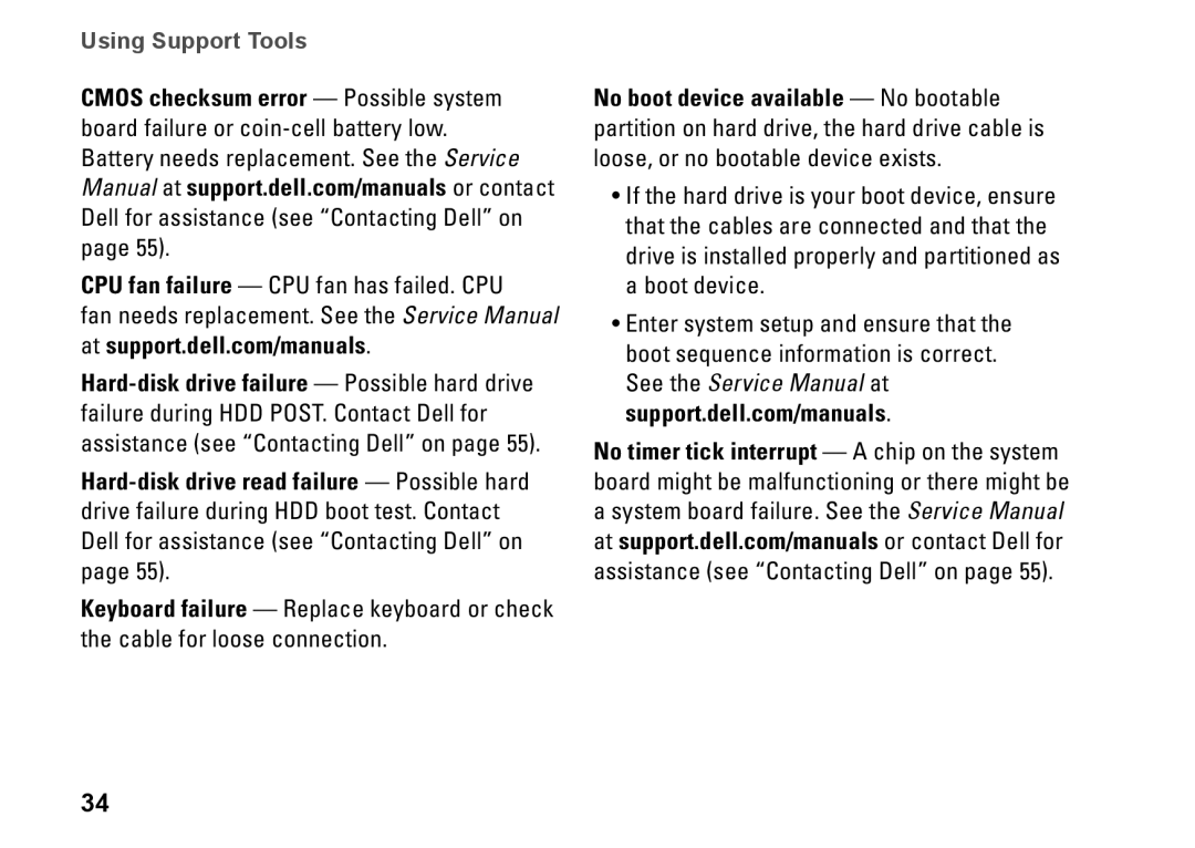 Dell 0M1PTFA00, DCME, D06M001 setup guide Using Support Tools, CPU fan failure - CPU fan has failed. CPU 