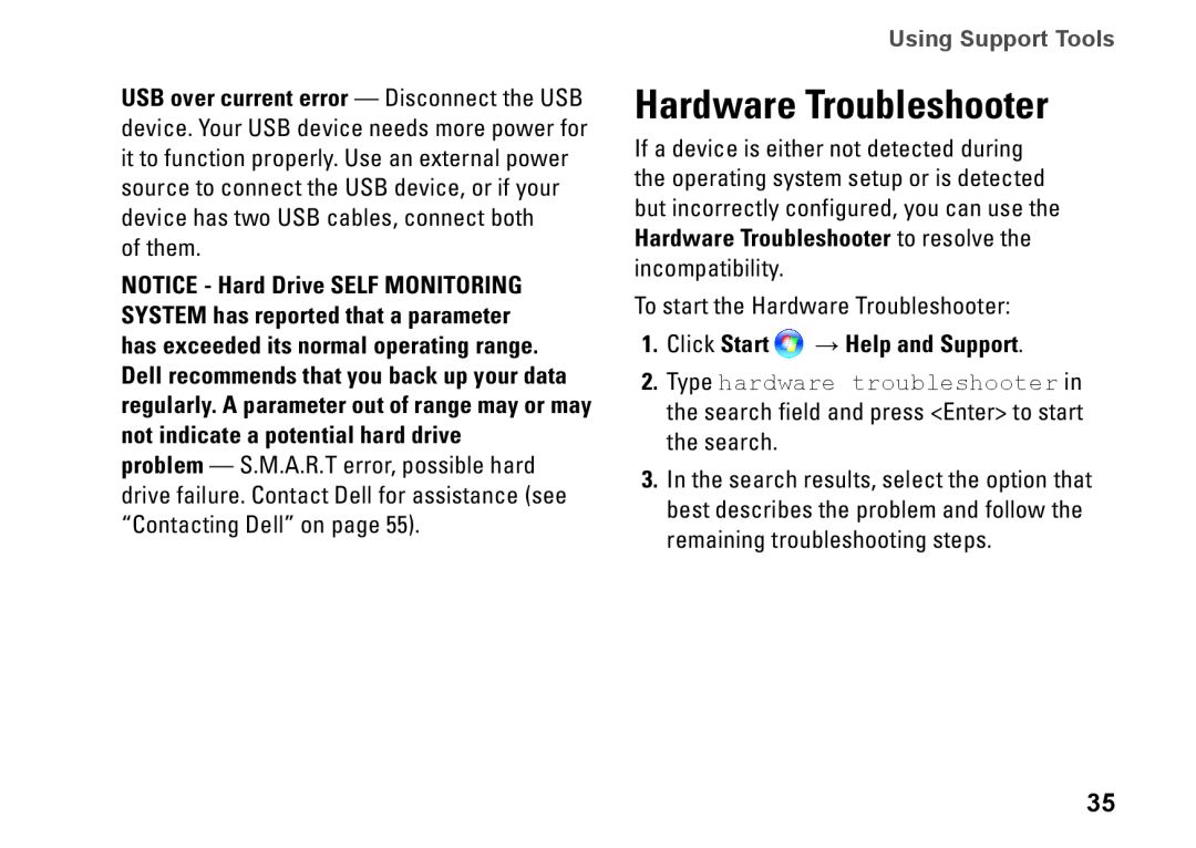 Dell DCME, 0M1PTFA00, D06M001 setup guide Hardware Troubleshooter, Using Support Tools, Click Start → Help and Support 