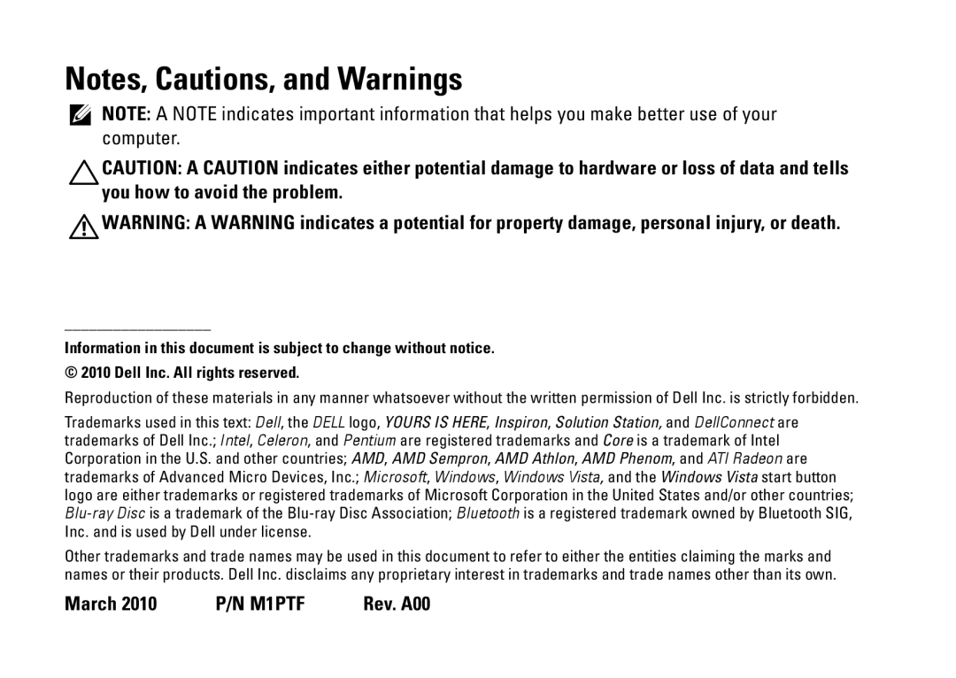 Dell 0M1PTFA00, DCME, D06M001 setup guide Notes, Cautions, and Warnings 
