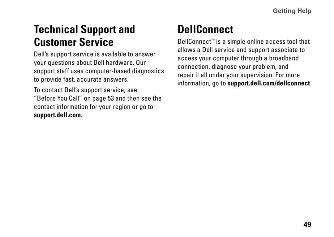 Dell 0M1PTFA00, DCME, D06M001 setup guide DellConnect, Getting Help, Technical Support and Customer Service 