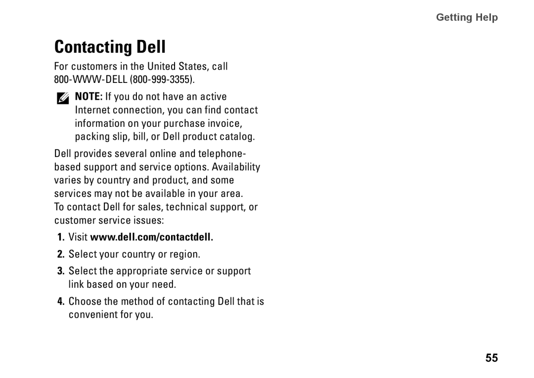 Dell DCME, 0M1PTFA00, D06M001 setup guide Contacting Dell, Getting Help 