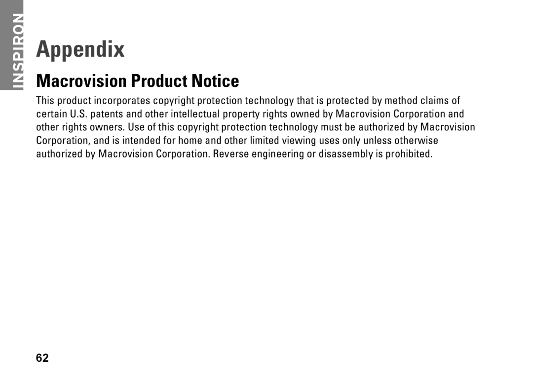 Dell 0M1PTFA00, DCME, D06M001 setup guide Appendix, Macrovision Product Notice, Inspiron 
