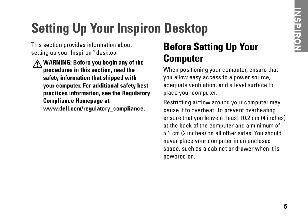 Dell DCME, 0M1PTFA00, D06M001 setup guide Setting Up Your Inspiron Desktop, Before Setting Up Your Computer 
