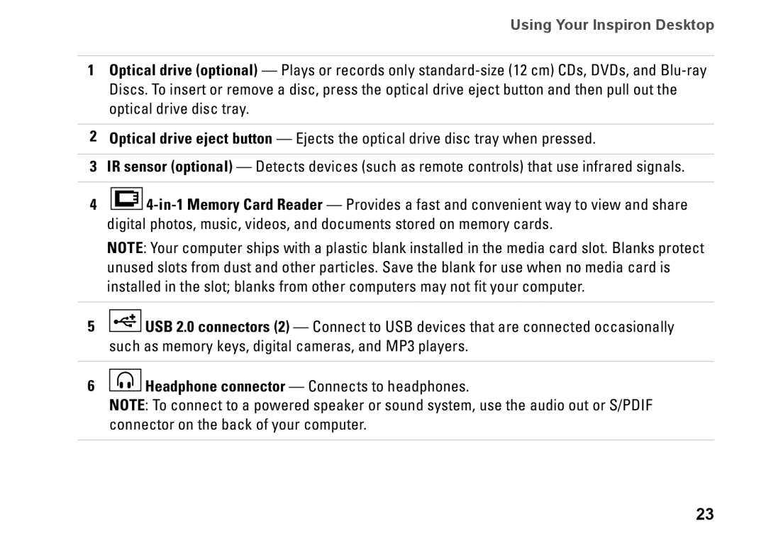 Dell 0M41FVA00, D03U001 setup guide Using Your Inspiron Desktop 