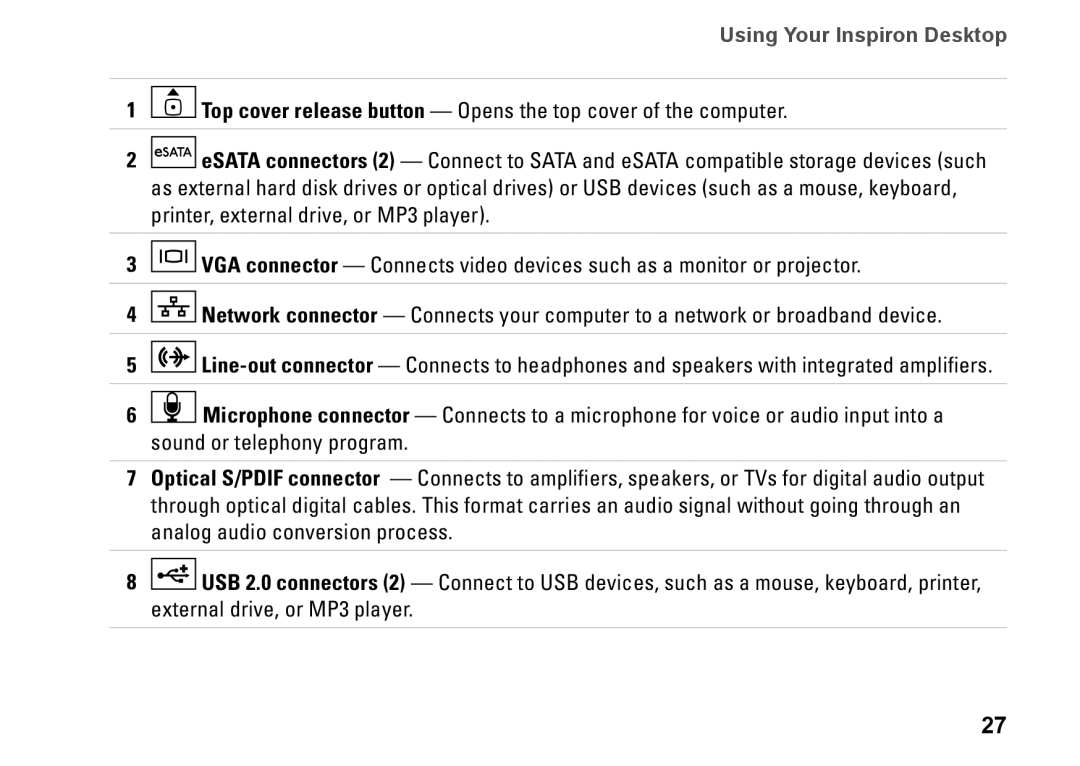 Dell 0M41FVA00, D03U001 setup guide Using Your Inspiron Desktop 