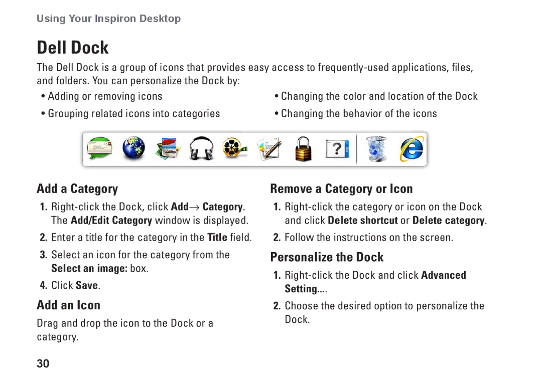 Dell 0M41FVA00, D03U001 setup guide Dell Dock, Add a Category, Add an Icon, Remove a Category or Icon, Personalize the Dock 