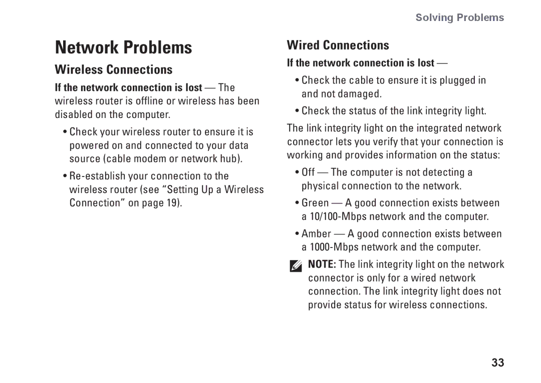 Dell 0M41FVA00, D03U001 Network Problems, Wireless Connections, Wired Connections, If the network connection is lost 