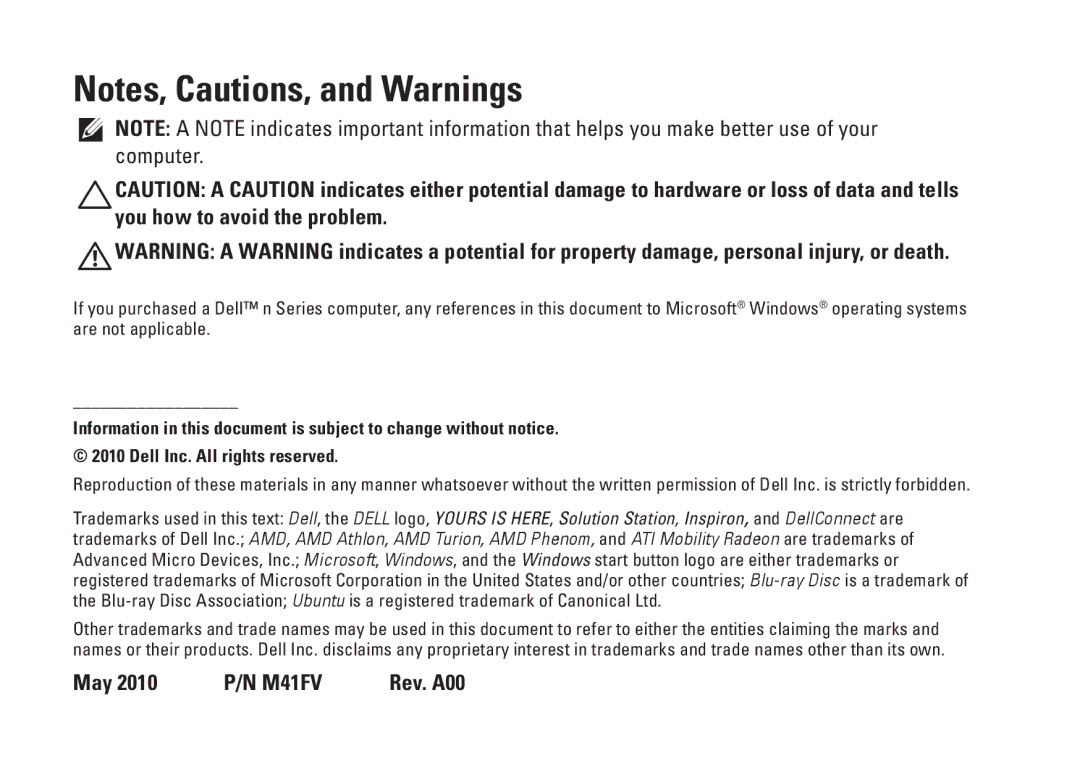 Dell 0M41FVA00, D03U001 setup guide May 2010 P/N M41FV Rev. A00 