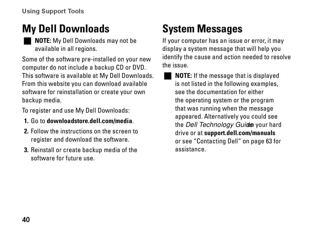 Dell D03U001, 0M41FVA00 setup guide My Dell Downloads, System Messages 