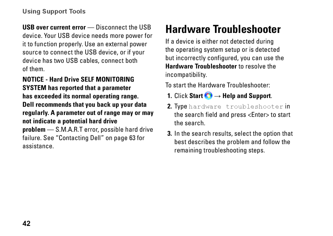 Dell 0M41FVA00, D03U001 setup guide Hardware Troubleshooter, Click Start → Help and Support 