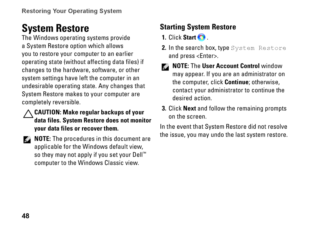 Dell D03U001, 0M41FVA00 setup guide Starting System Restore 