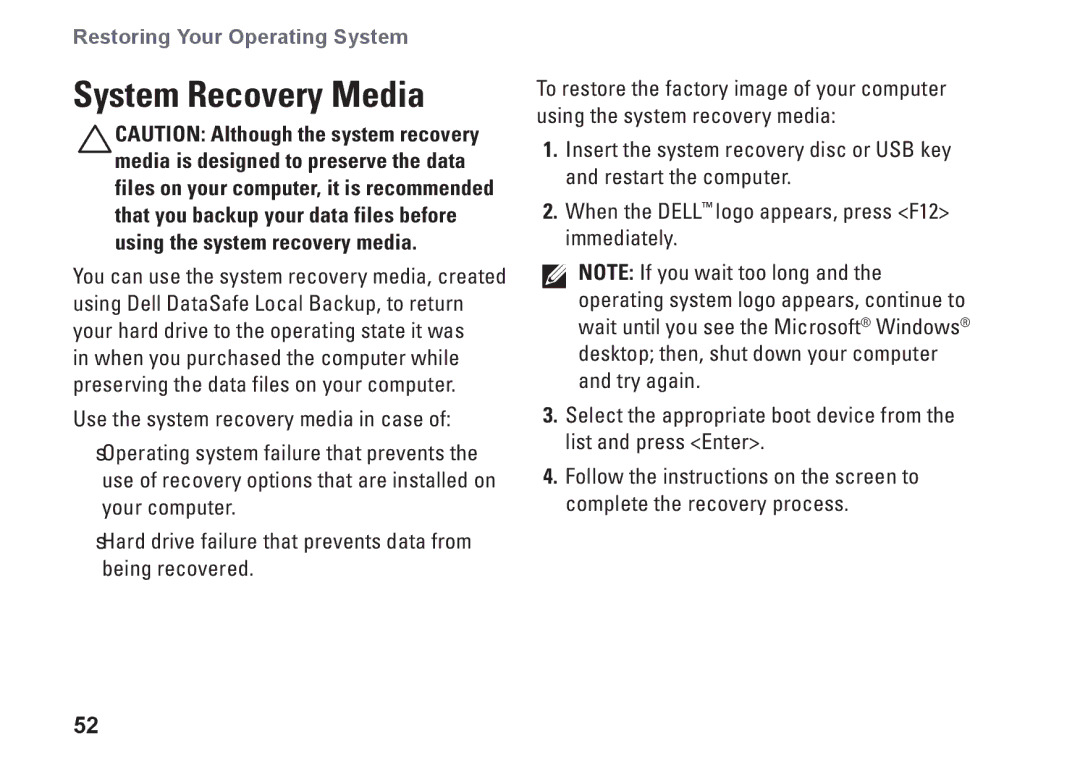 Dell D03U001, 0M41FVA00 setup guide System Recovery Media 