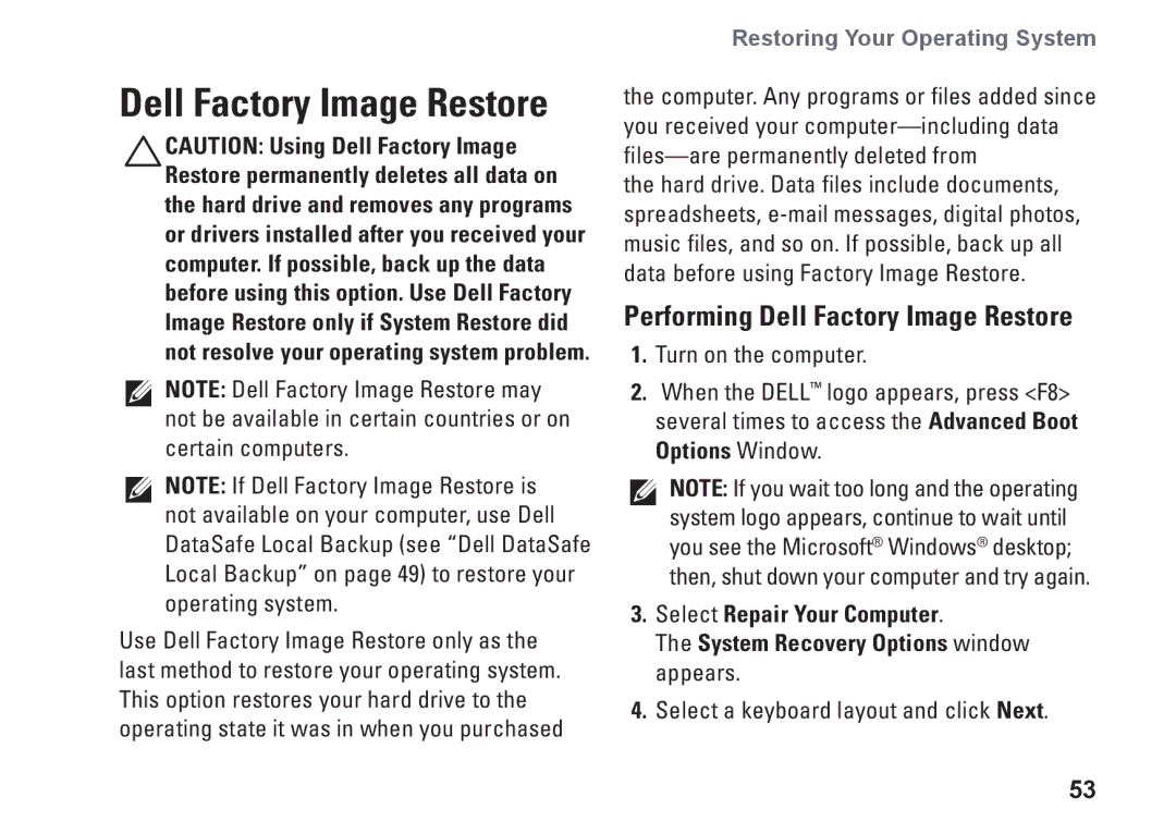 Dell 0M41FVA00, D03U001 setup guide Performing Dell Factory Image Restore 