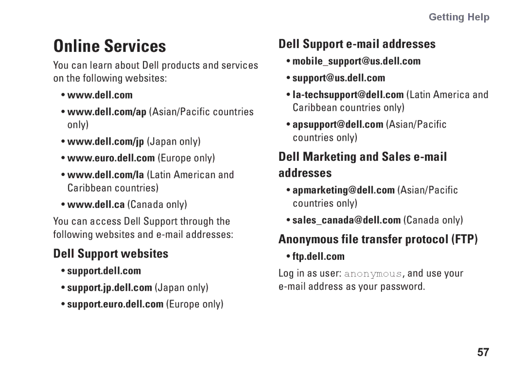 Dell 0M41FVA00, D03U001 setup guide Online Services, Dell Support websites, Dell Support e-mail addresses 