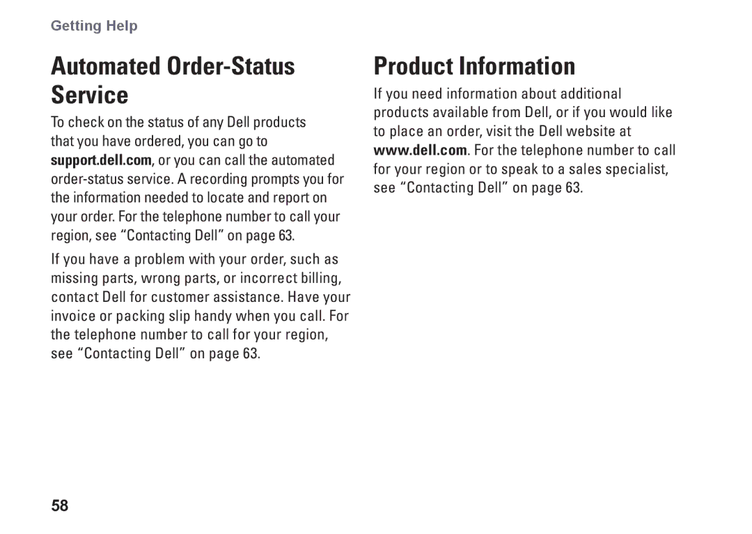 Dell 0M41FVA00, D03U001 setup guide Product Information, Automated Order-Status Service 