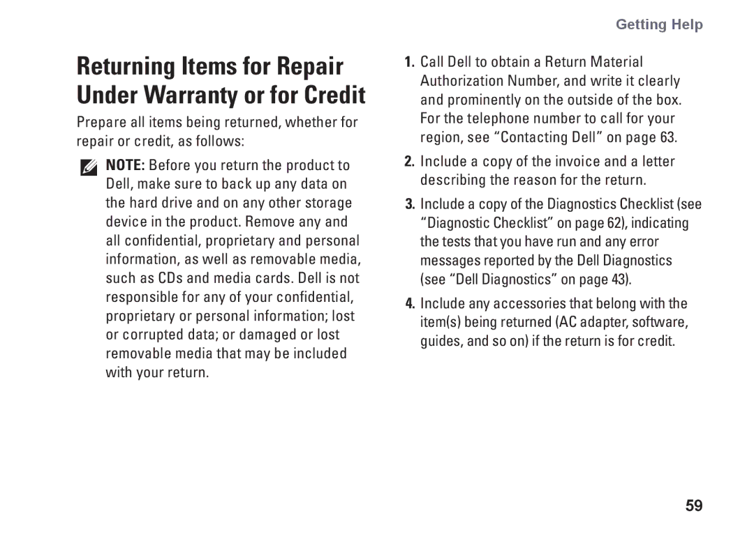 Dell 0M41FVA00, D03U001 setup guide Returning Items for Repair Under Warranty or for Credit 