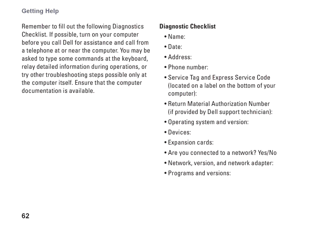 Dell 0M41FVA00, D03U001 setup guide Diagnostic Checklist 