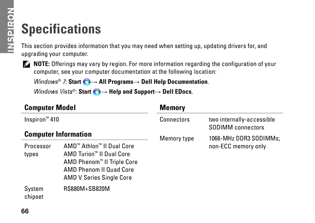 Dell 0M41FVA00, D03U001 setup guide Specifications, Computer Model, Computer Information, Memory 