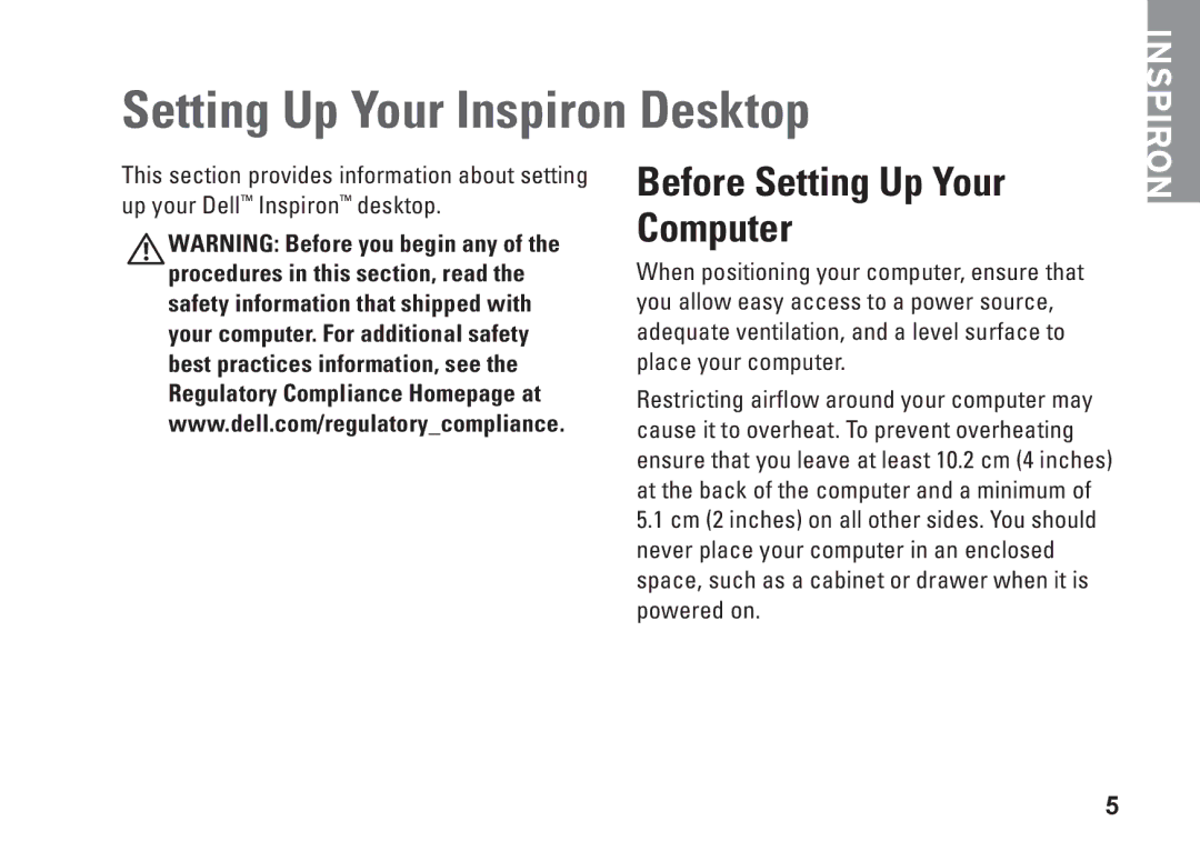 Dell 0M41FVA00, D03U001 setup guide Setting Up Your Inspiron Desktop, Before Setting Up Your Computer 