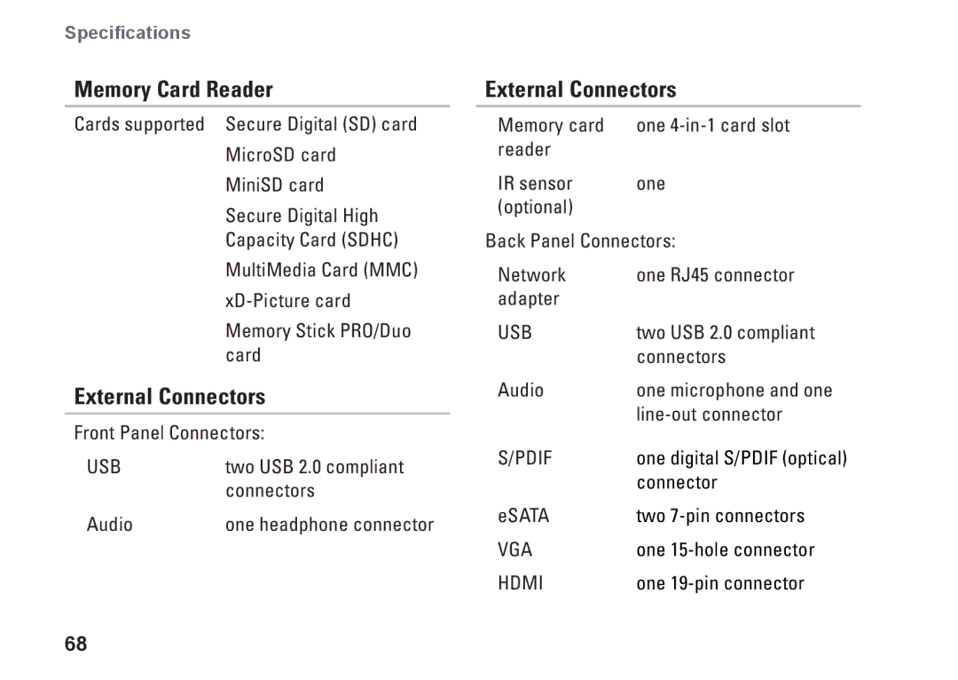 Dell D03U001, 0M41FVA00 setup guide Memory Card Reader, External Connectors 