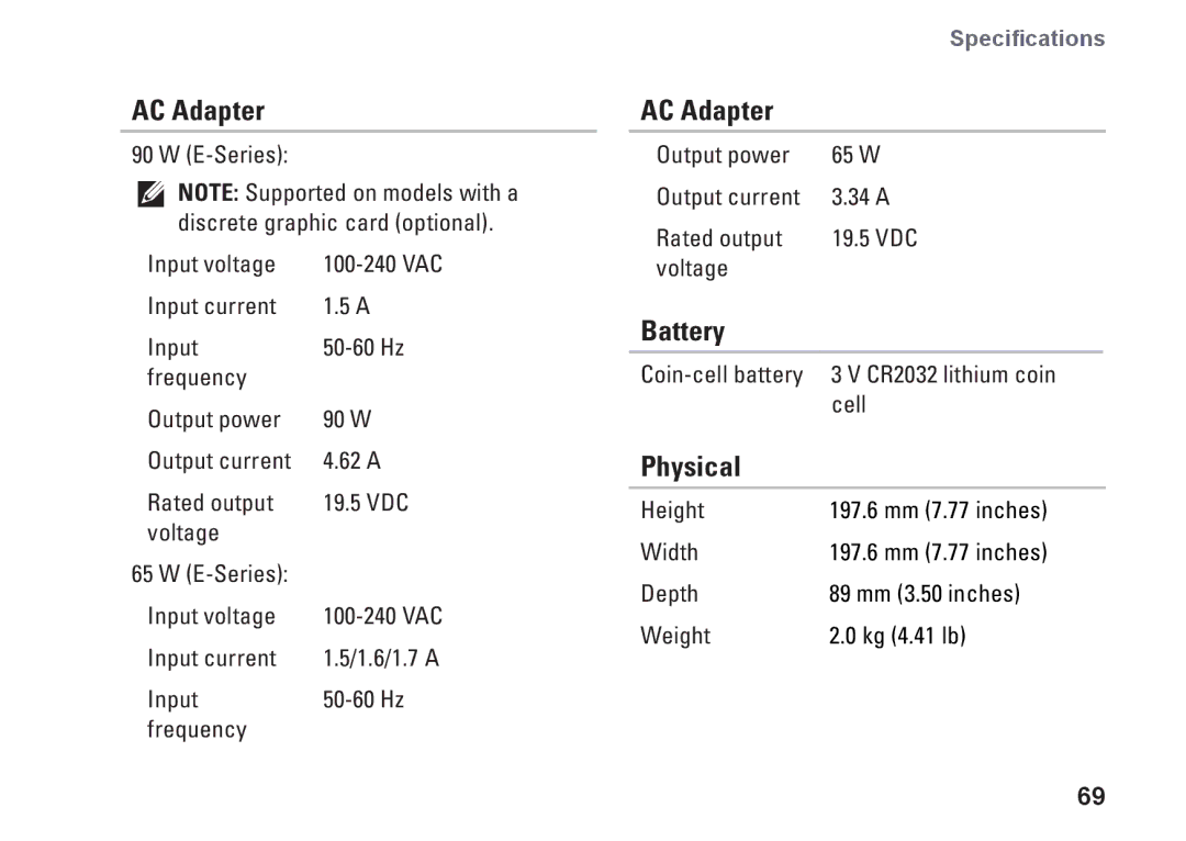 Dell 0M41FVA00, D03U001 setup guide AC Adapter, Battery, Physical 