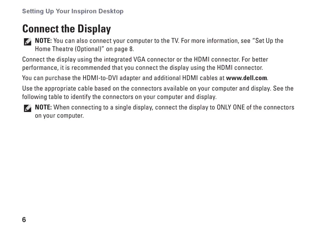 Dell 0M41FVA00, D03U001 setup guide Connect the Display 