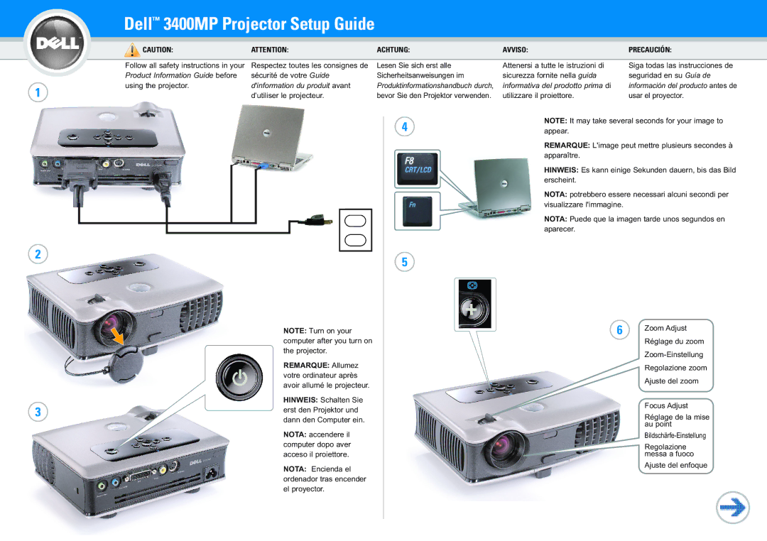 Dell 0M8600A00 setup guide Dell 3400MP Projector Setup Guide, Achtung Avviso, Product Information Guide before 