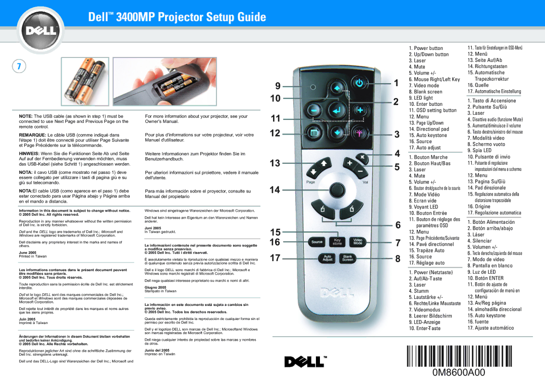 Dell 0M8600A00 Power button, Up/Down button, Laser, Mute, Volume +, Video mode, Blank screen, LED light, Enter button 