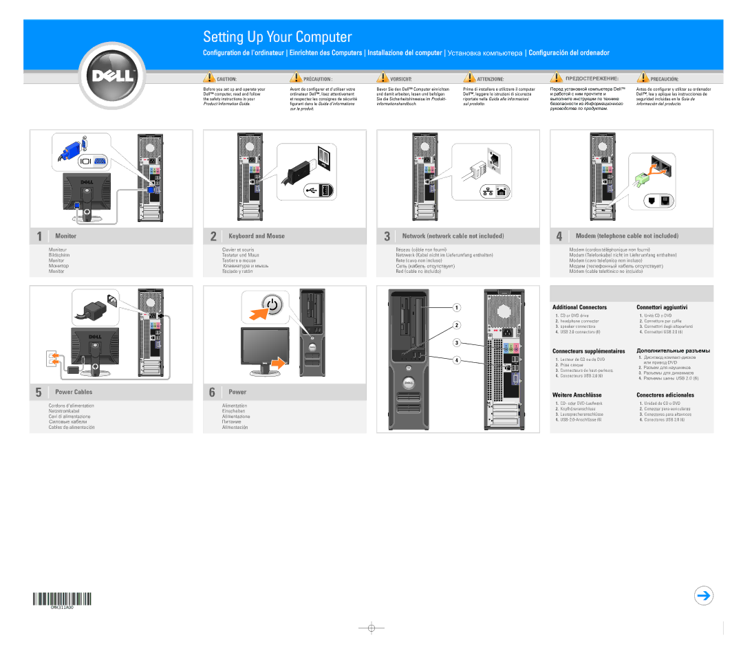 Dell 0MK311A00 manual Power Cables, Modem telephone cable not included, Additional Connectors Connettori aggiuntivi 