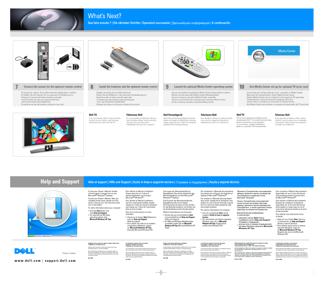 Dell 0MK311A00 Install the batteries into the optional remote control, See Media Center set up for optional TV tuner card 