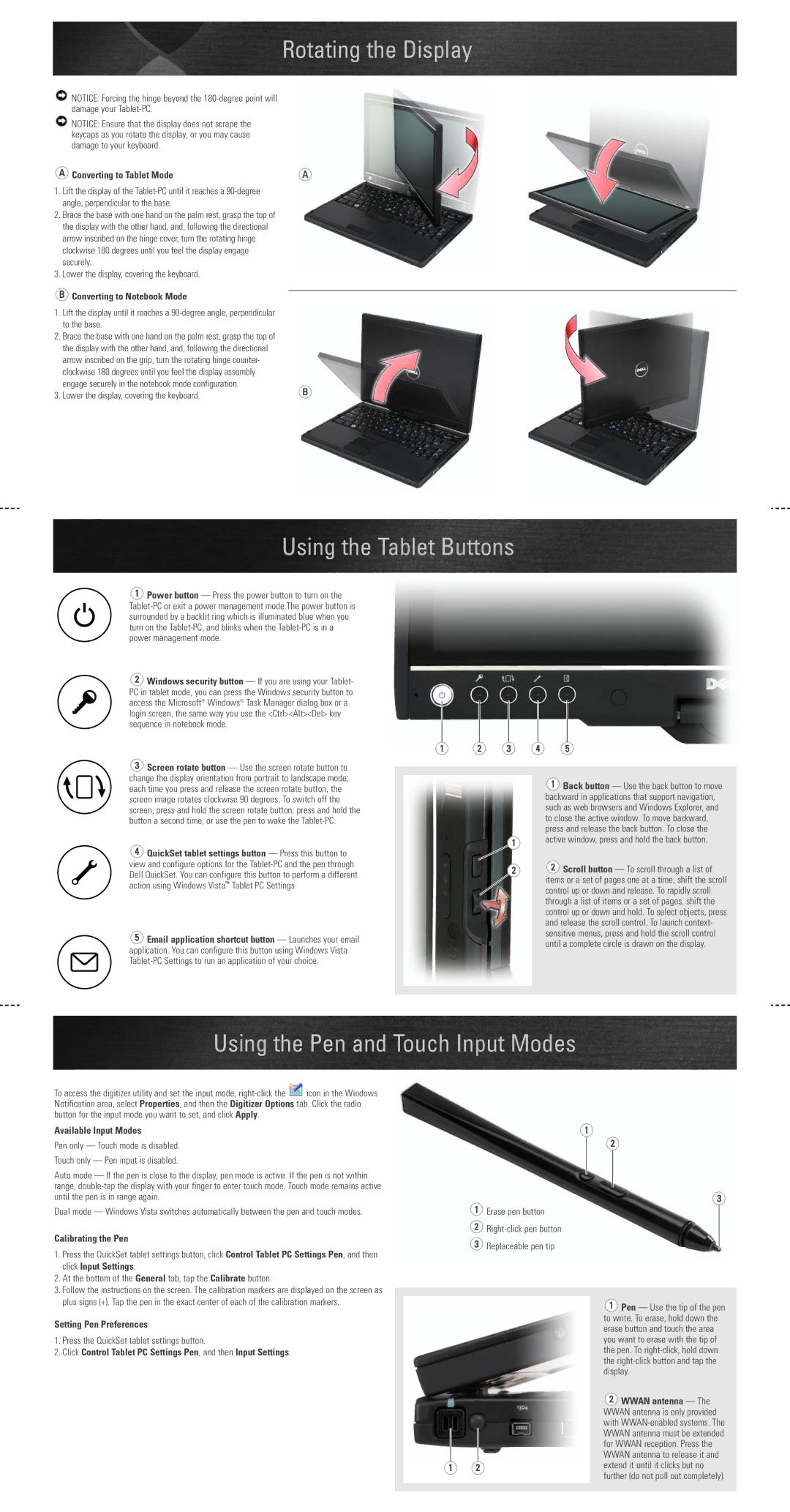 Dell 0NW164A01 manual Rotating the Display, Using the Tablet Buttons, Using the Pen and Touch Input Modes 