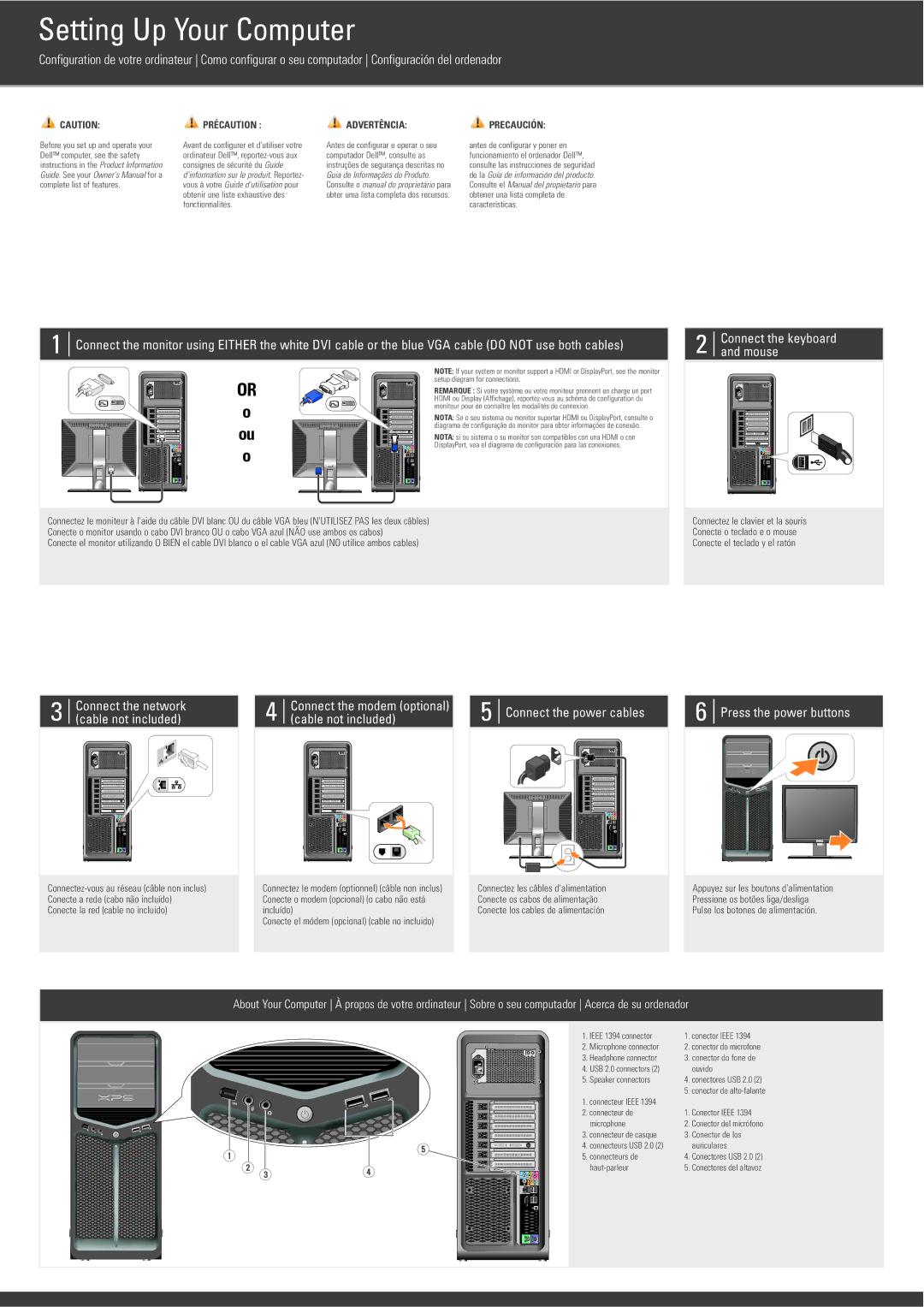 Dell 0PP522A00 owner manual Conecte el módem opcional cable no incluido, Ieee 1394 connector, Ouvido, Speaker connectors 