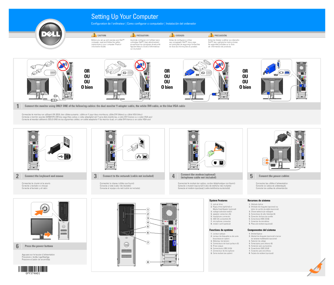 Dell 0PY374A01 manual Connect to the network cable not included, Press the power buttons 