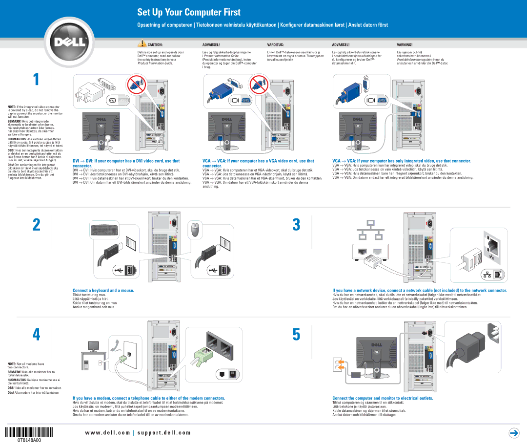 Dell 0T2148A00 manual Set Up Your Computer First, VGA → VGA If your computer has a VGA video card, use that, Connector 