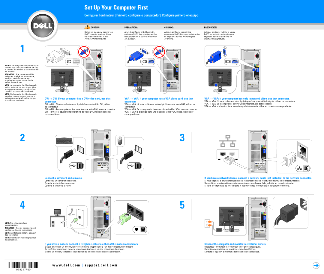 Dell 0T8147A00 manual Set Up Your Computer First, VGA → VGA If your computer has a VGA video card, use that, Connector 