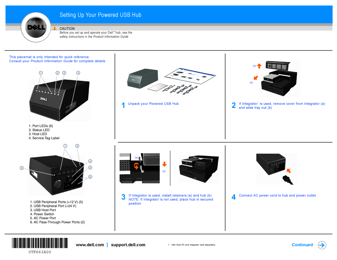 Dell 0TF663A00 manual Setting Up Your Powered USB Hub, Continued 