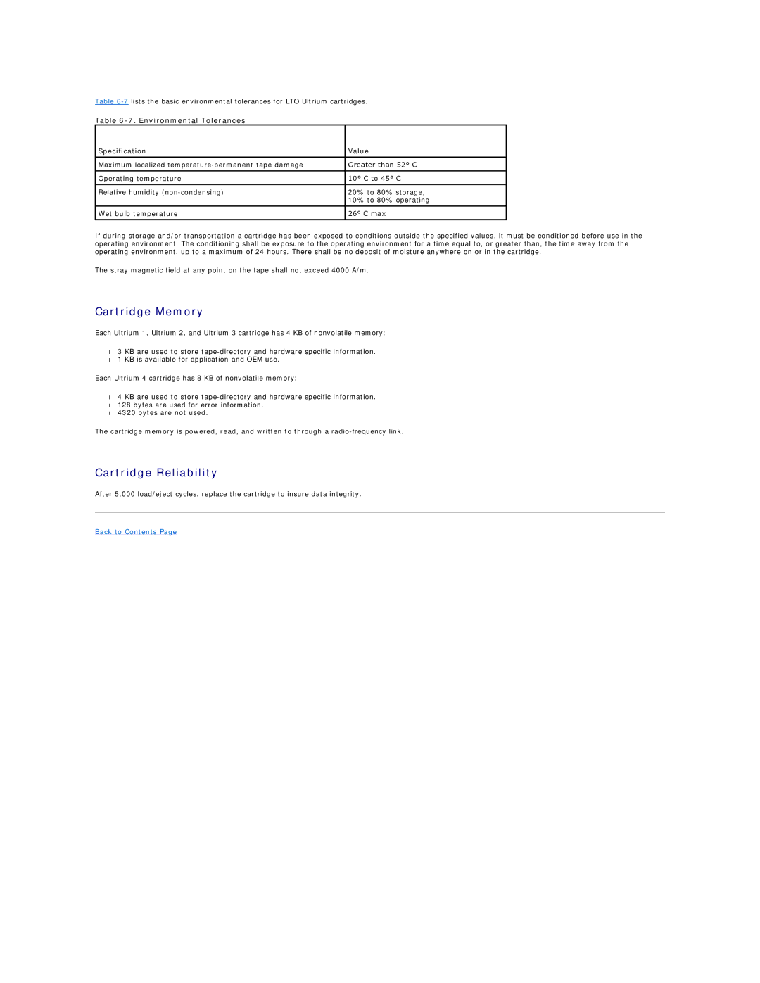 Dell 0TK131 Rev. A01 specifications Cartridge Memory, Cartridge Reliability, Environmental Tolerances 