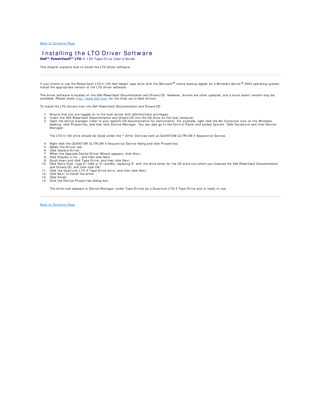 Dell 0TK131 Rev. A01 specifications Installing the LTO Driver Software, Click Update Driver 