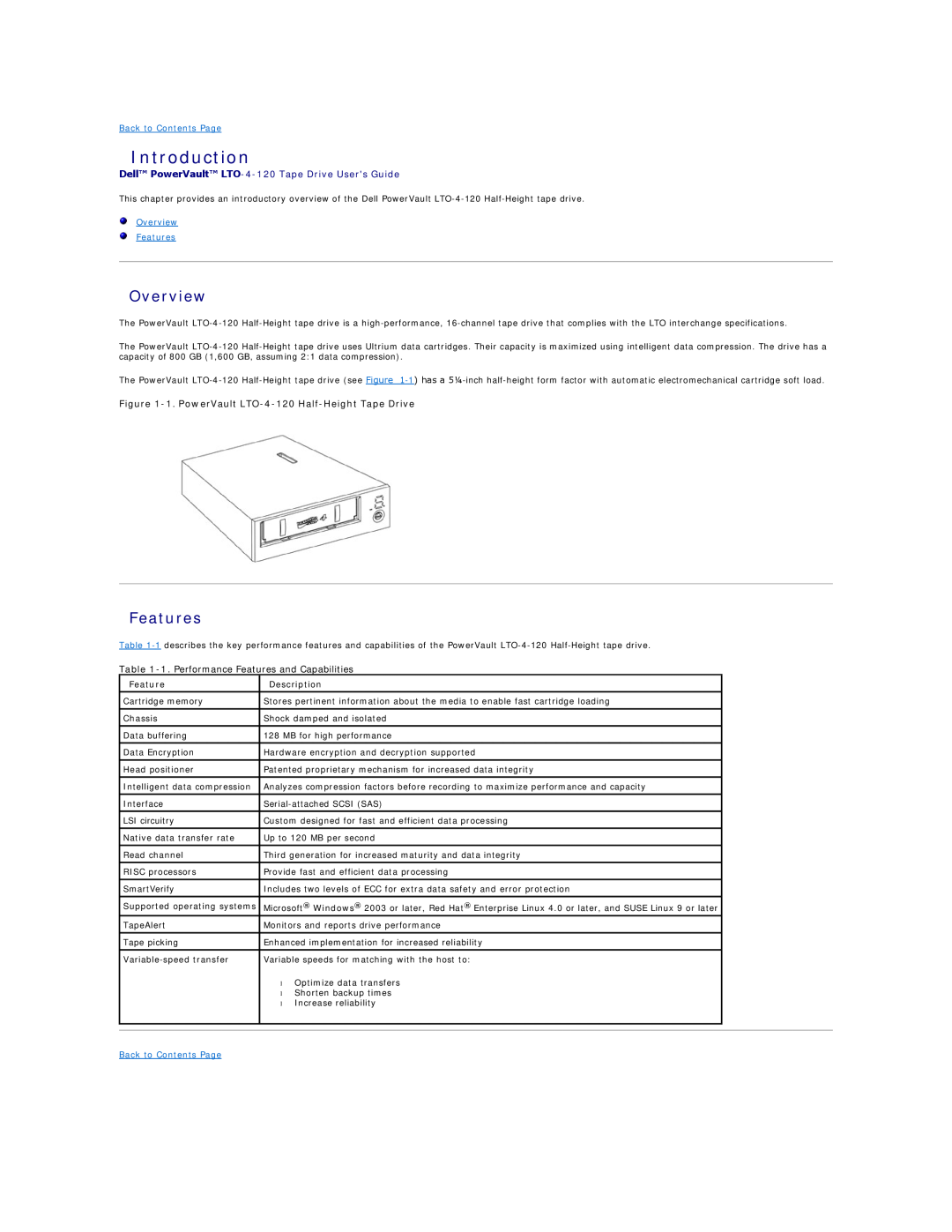 Dell 0TK131 Rev. A01 Introduction, Dell PowerVault LTO-4-120 Tape Drive Users Guide, Overview Features 