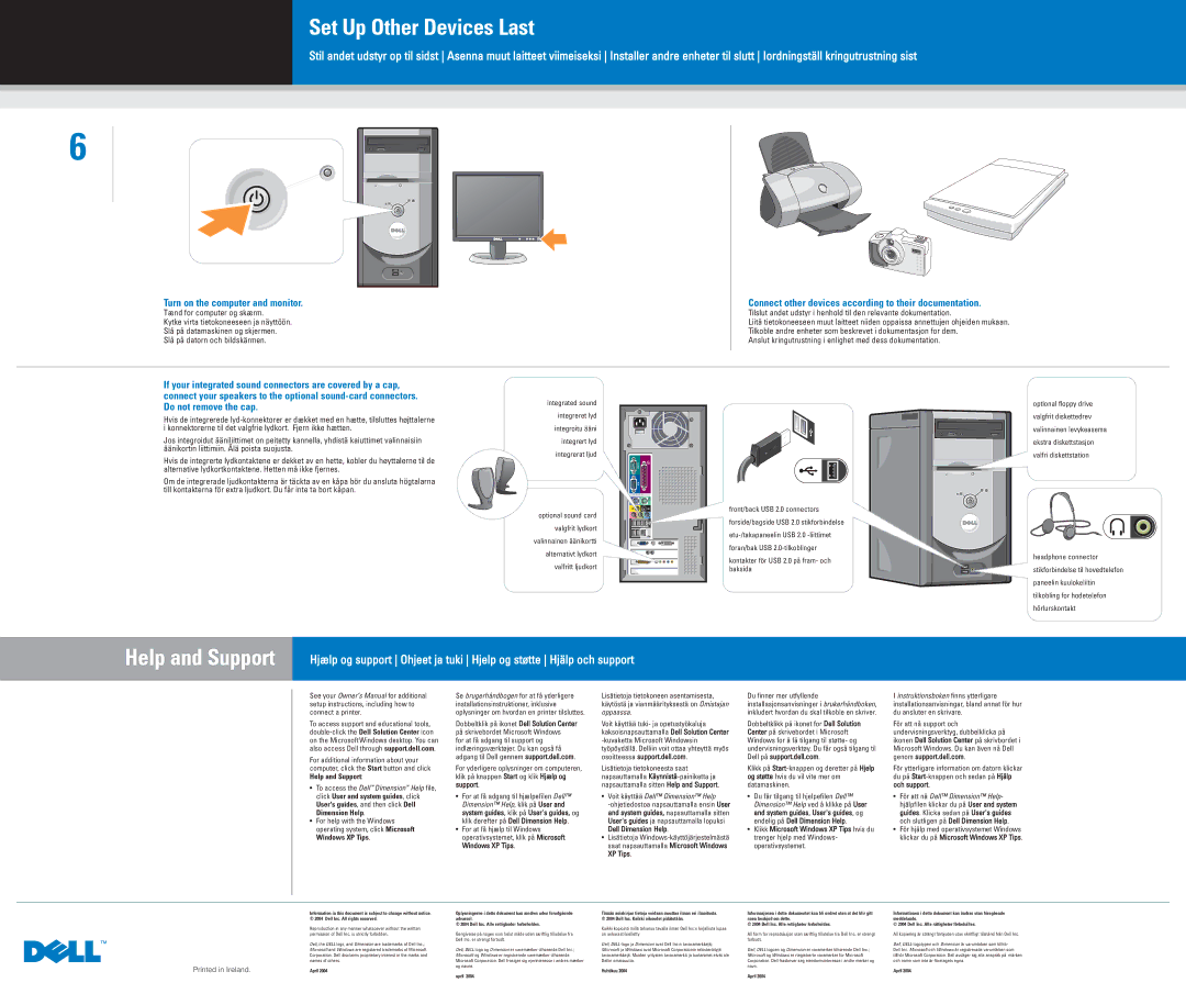 Dell 0U3142A00 manual Set Up Other Devices Last, Help and Support, Turn on the computer and monitor 