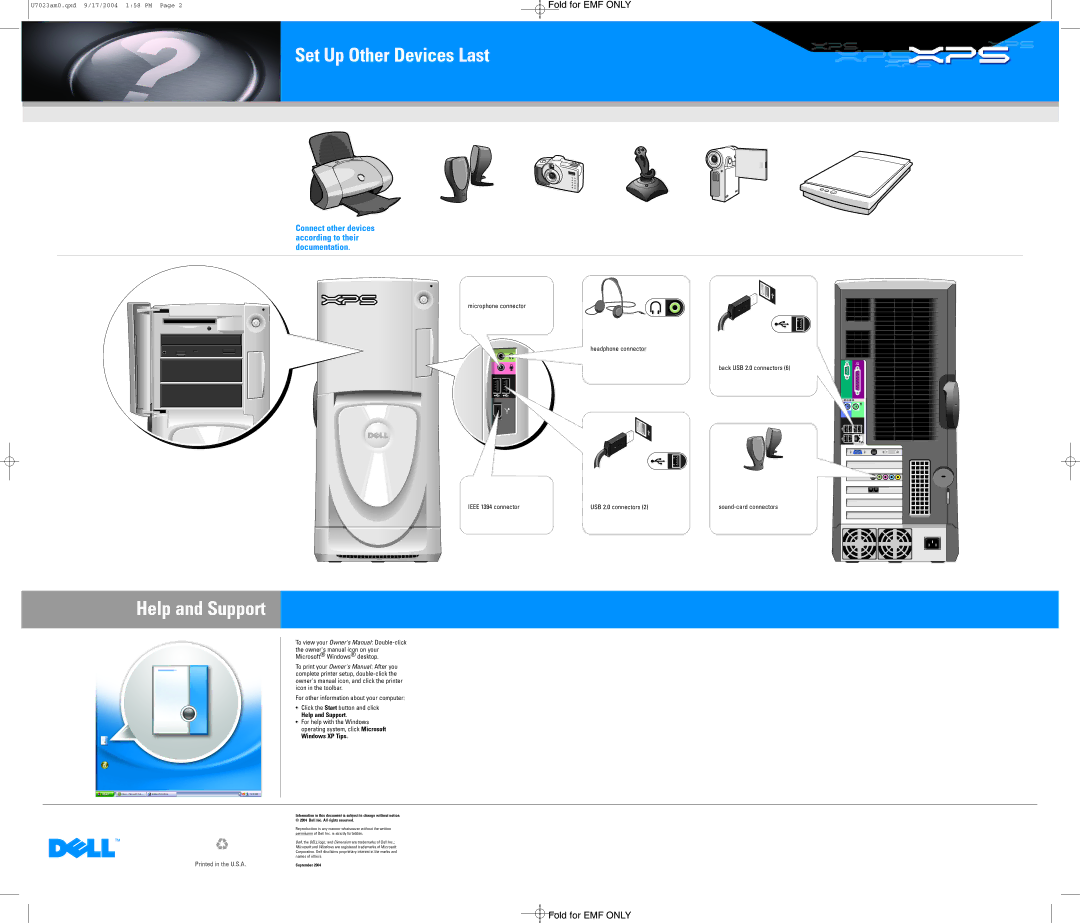 Dell 0U7023A00 manual Set Up Other Devices Last, Help and Support, Connect other devices according to their documentation 