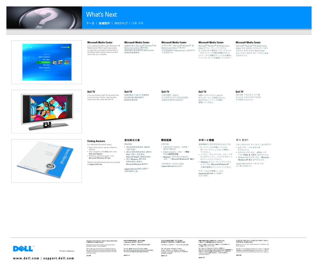 Dell 0XD922A01 manual What’s Next, W . d e l l . c o m s u p p o r t . d e l l . c o m, Microsoft Media Center, Dell TV 