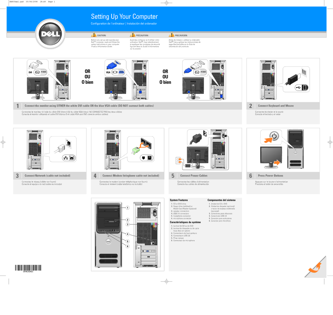 Dell 0XH630A01 manual Connect Keyboard and Mouse, Connect Power Cables, Press Power Buttons 