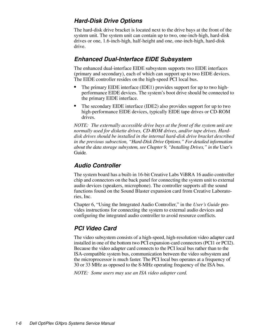 Dell 100-Mbps manual Hard-Disk Drive Options, Enhanced Dual-Interface Eide Subsystem, Audio Controller, PCI Video Card 
