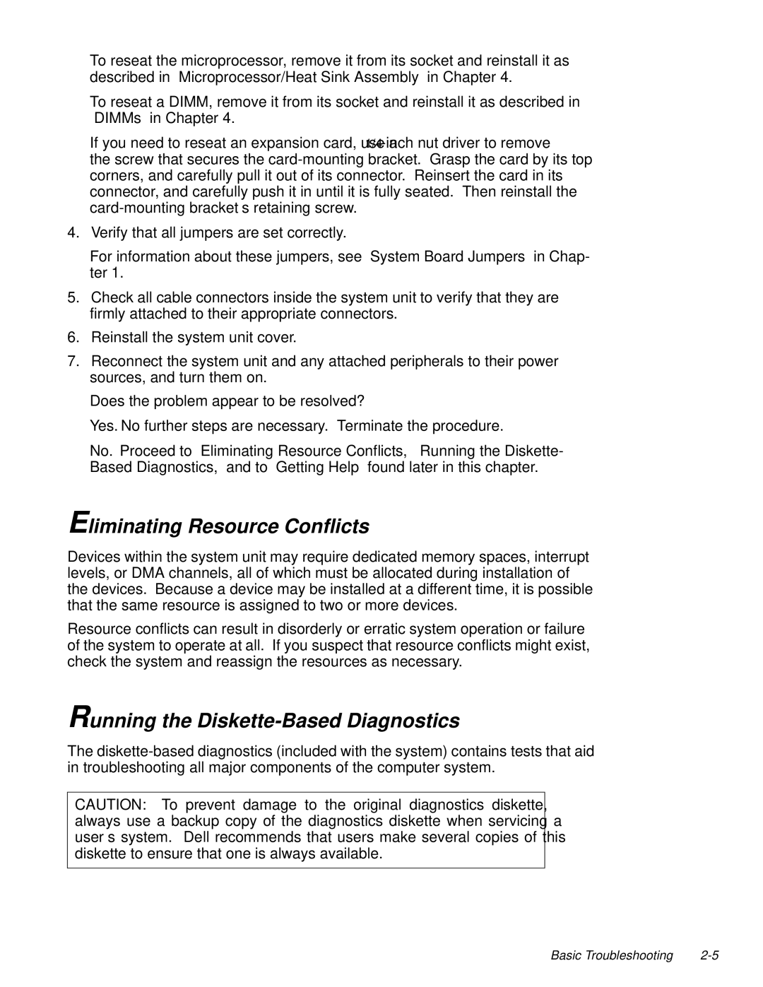 Dell 100-Mbps manual Eliminating Resource Conflicts, Running the Diskette-Based Diagnostics 