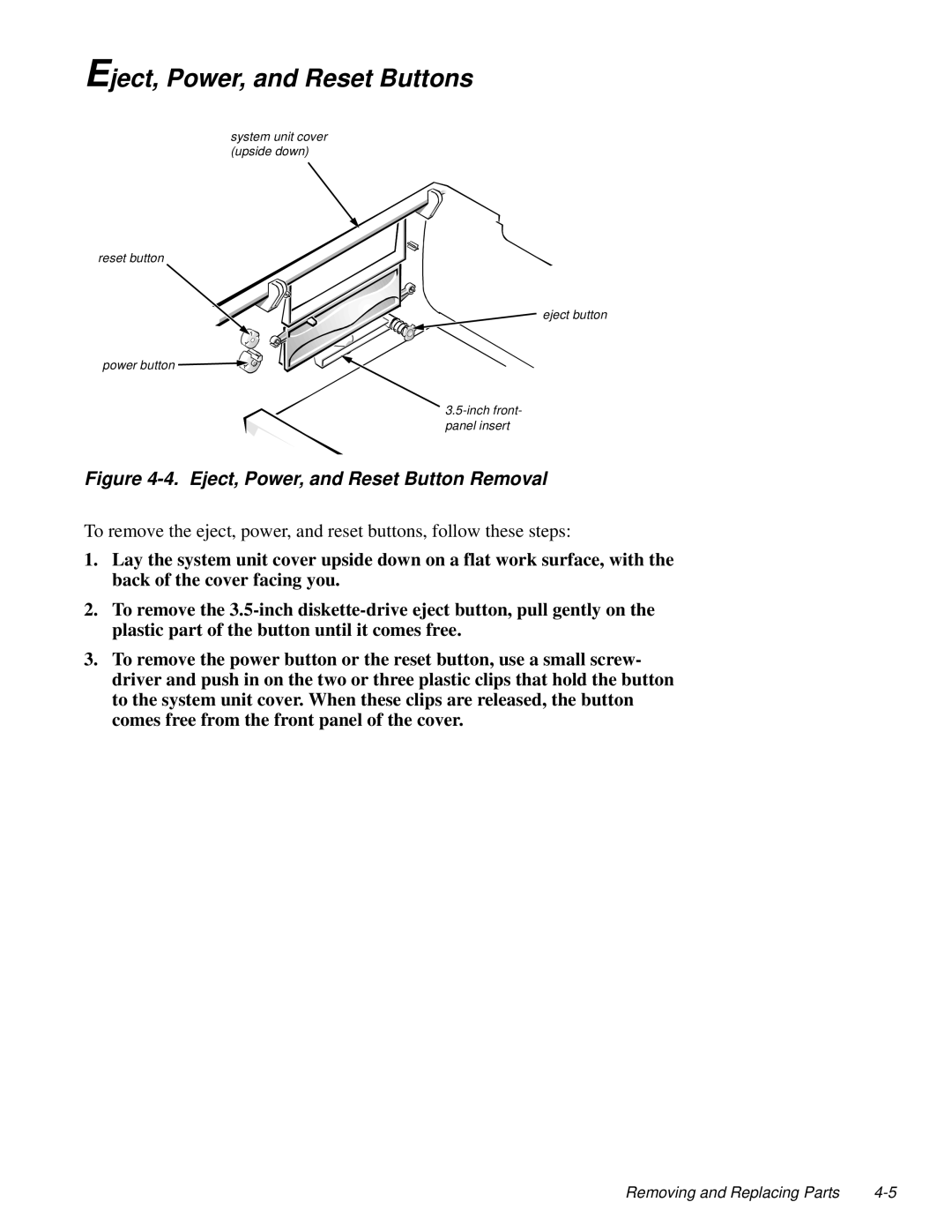 Dell 100-Mbps manual Eject, Power, and Reset Buttons, Eject, Power, and Reset Button Removal 