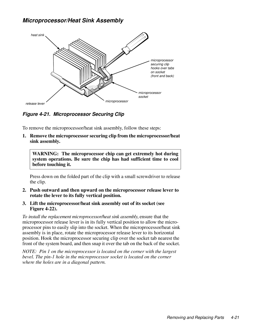 Dell 100-Mbps manual Microprocessor/Heat Sink Assembly, Microprocessor Securing Clip 